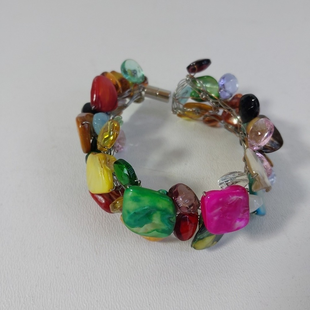 Artisan Handcrated Art Glass And Stone Multicolor Magnetic Clasp Bracelet